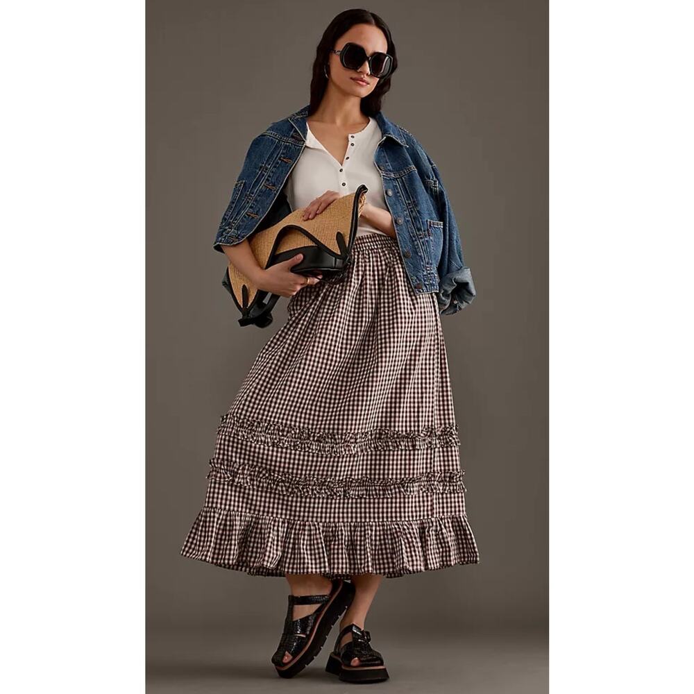 Damson Madder Rina Ruffle Midi Skirt Gingham Print Size US 6 - Picture 2 of 11